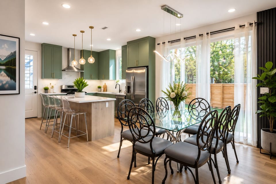 Open-concept layout connecting kitchen and dining areas—designed for large groups to cook, dine, and gather together seamlessly.