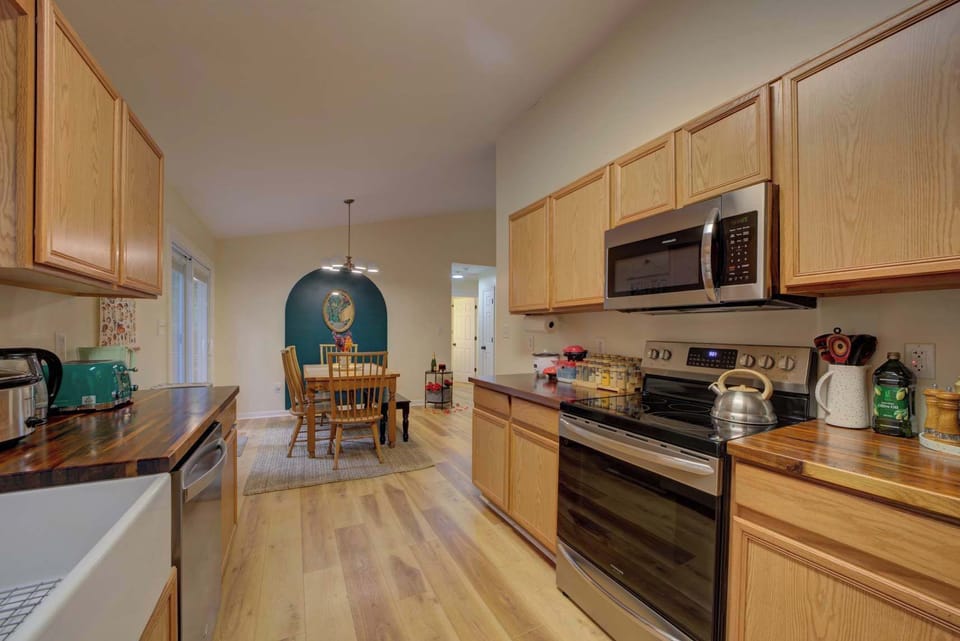Kitchen with a long counter—easy for cooking together and lingering over breakfast.