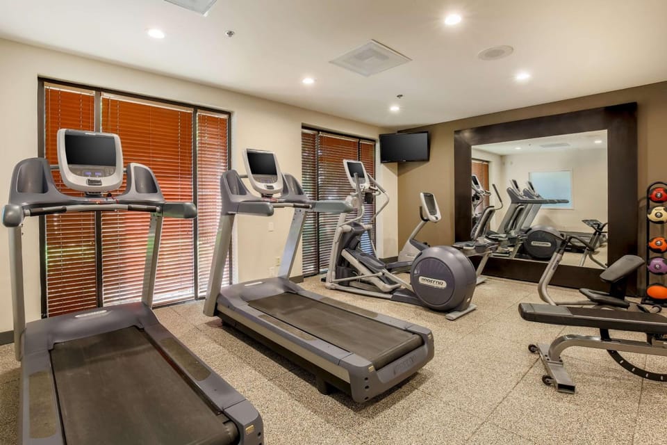 Keep your routine going with cardio machines and free weights.