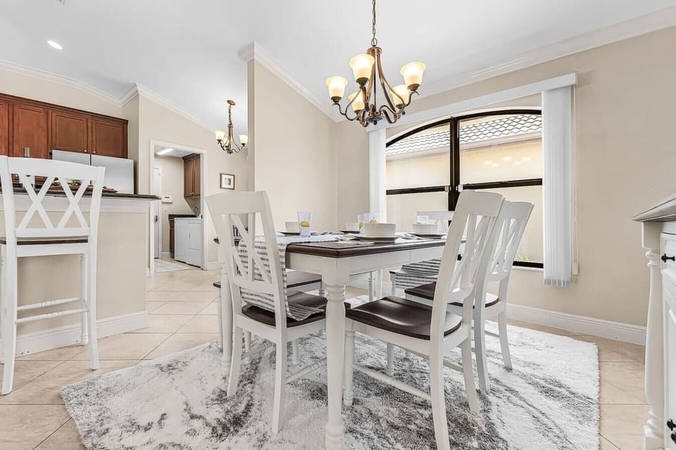 This dining area seats up to 6 or 7 guests - high chair available