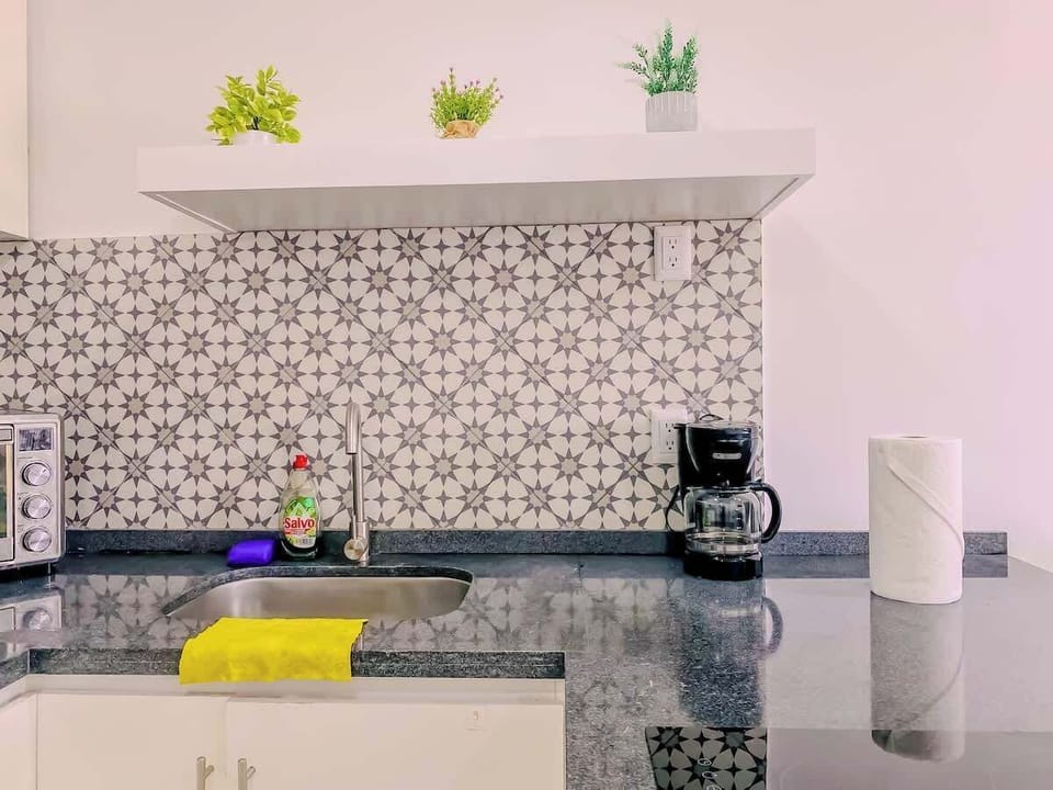 Kitchen shelf w/ decor & appliances for easy use
