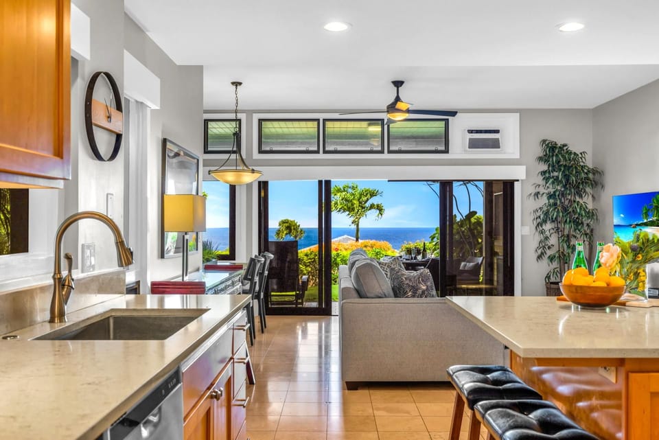 Kitchen open to living and ocean views