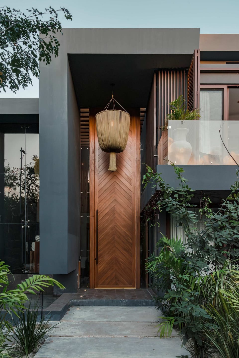 Architectural detail of rich dark wood paneling with geometric precision.