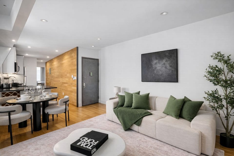 Open living & dining space with modern design and full kitchen