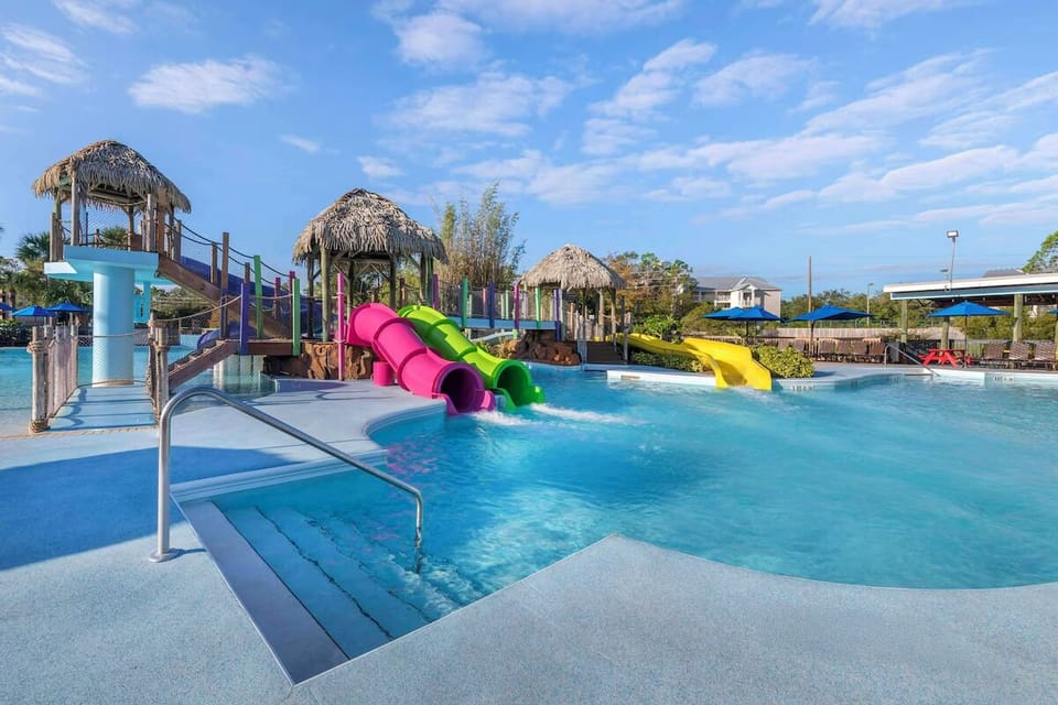 Make a splash on colorful slides and tropical pool fun.