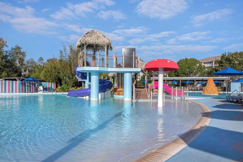 Play all day in the shallow lagoon with splash features.