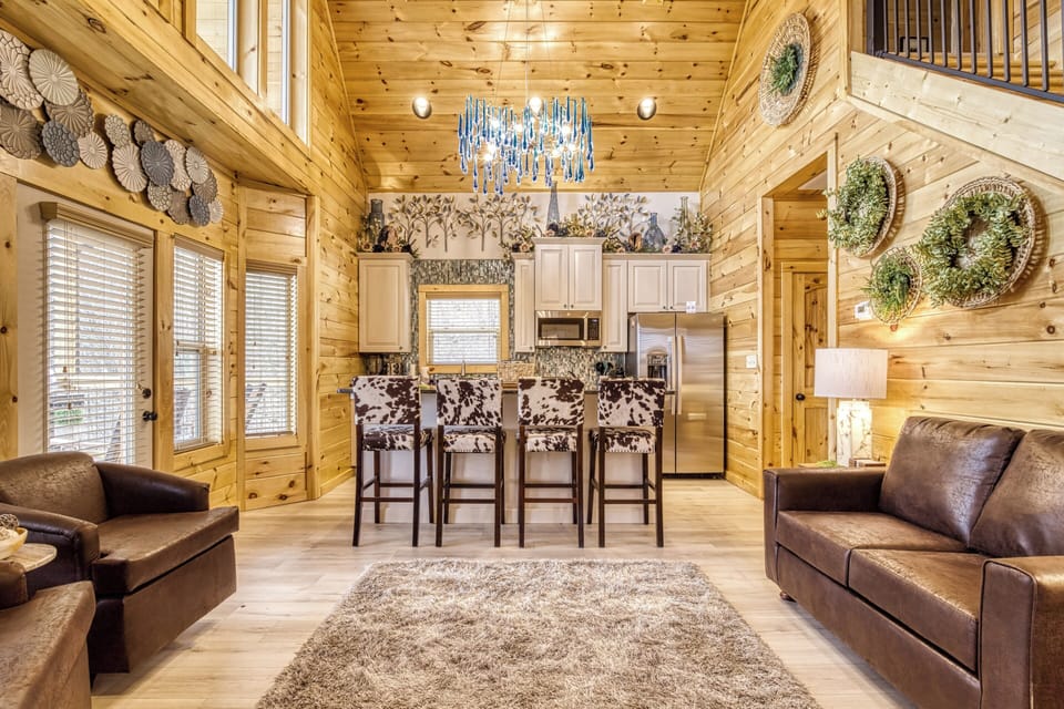 Cabin with a Bowling Alley in the Smokies "Firefly Strike Retreat" - Living room and fully furnished kitchen