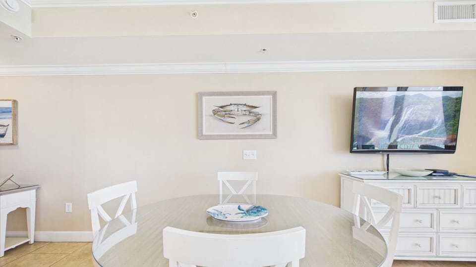 Dining table in living area with seating for 4