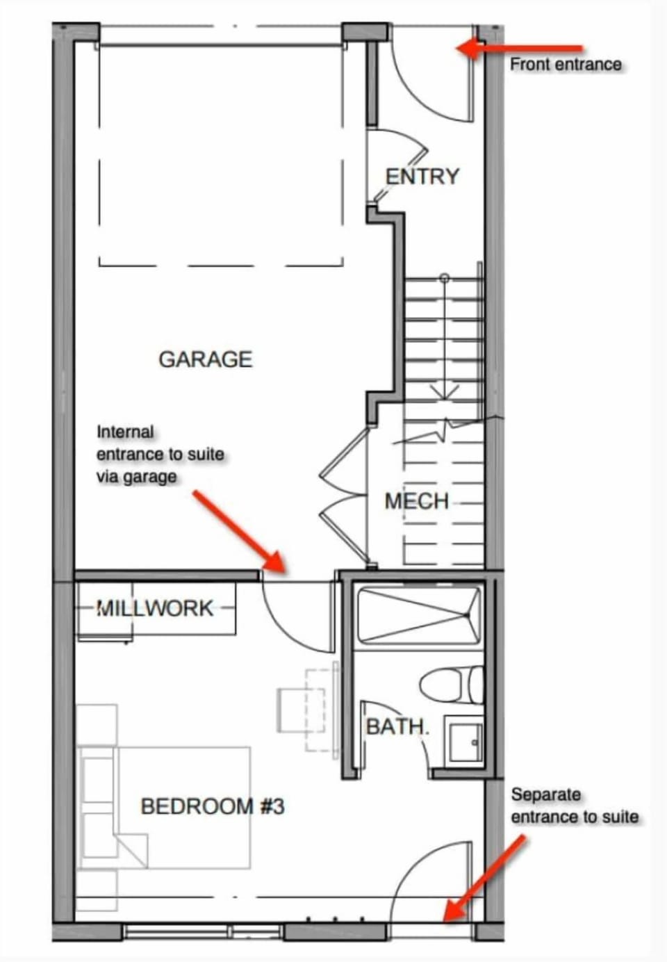 Main Floor:

* Entrance of the townhouse

* Studio with a King Bed, En suite/ Tub & Shower, Mini fridge
Separate entrance to the courtyard and connected with upper flowers via the garage

* Single Car Garage