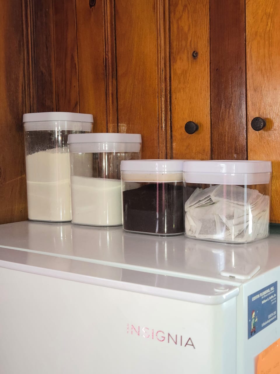 Flour, sugar, coffee, and tea canisters stocked. Pay-it-foward system.