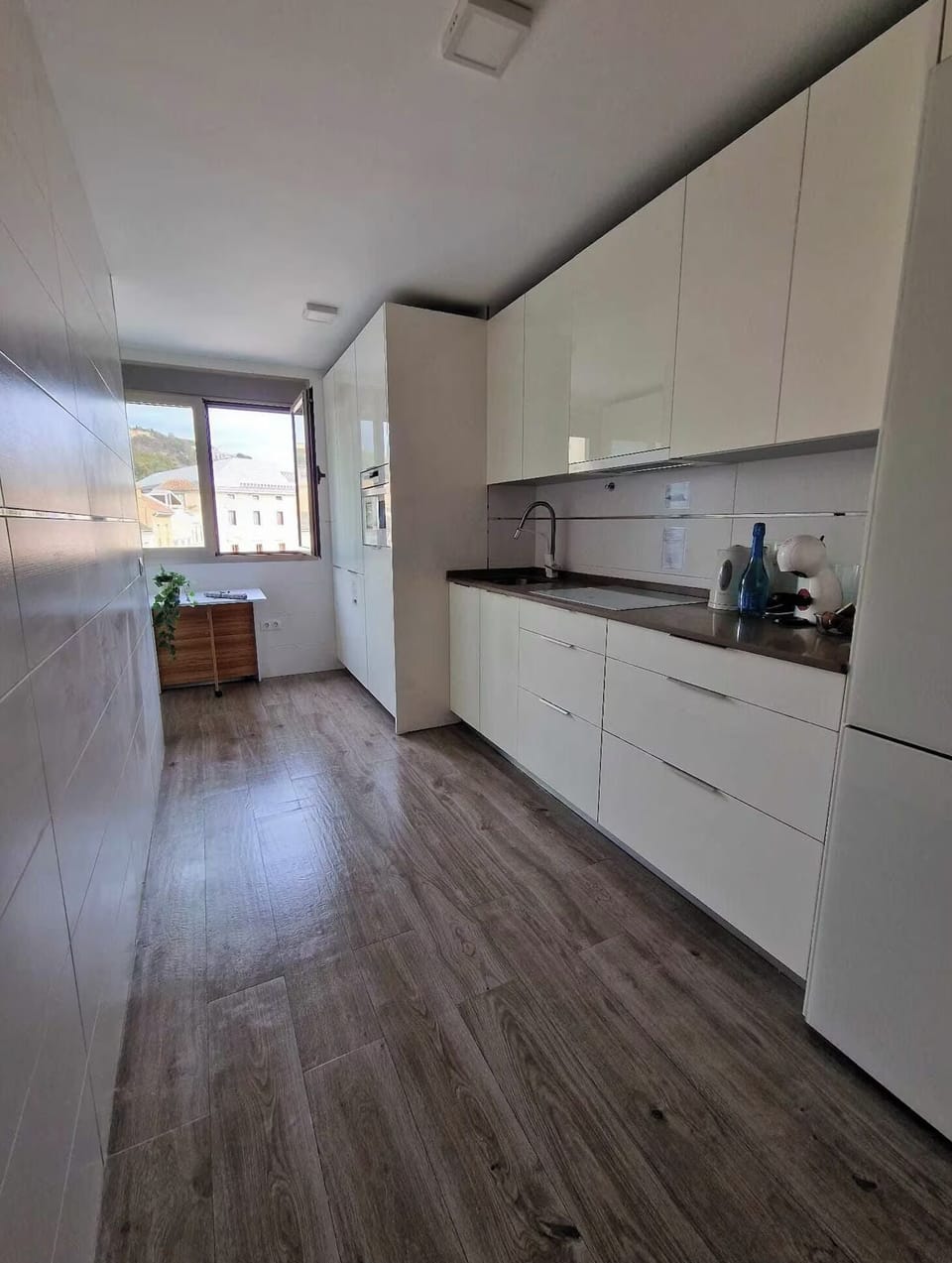 Long kitchen layout with plenty of prep space.

