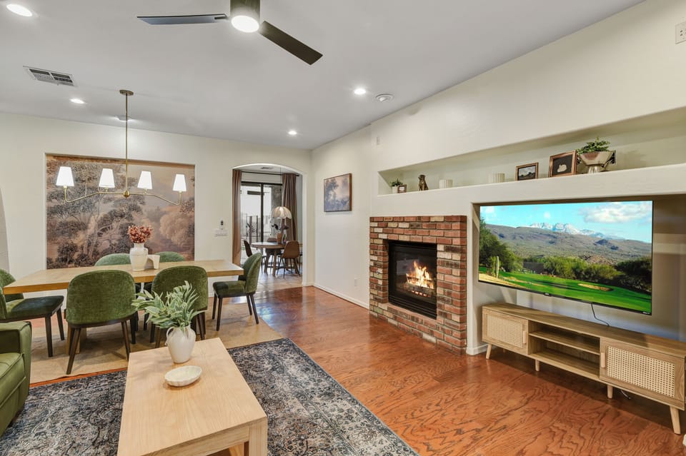 Living room , fireplace and smart television