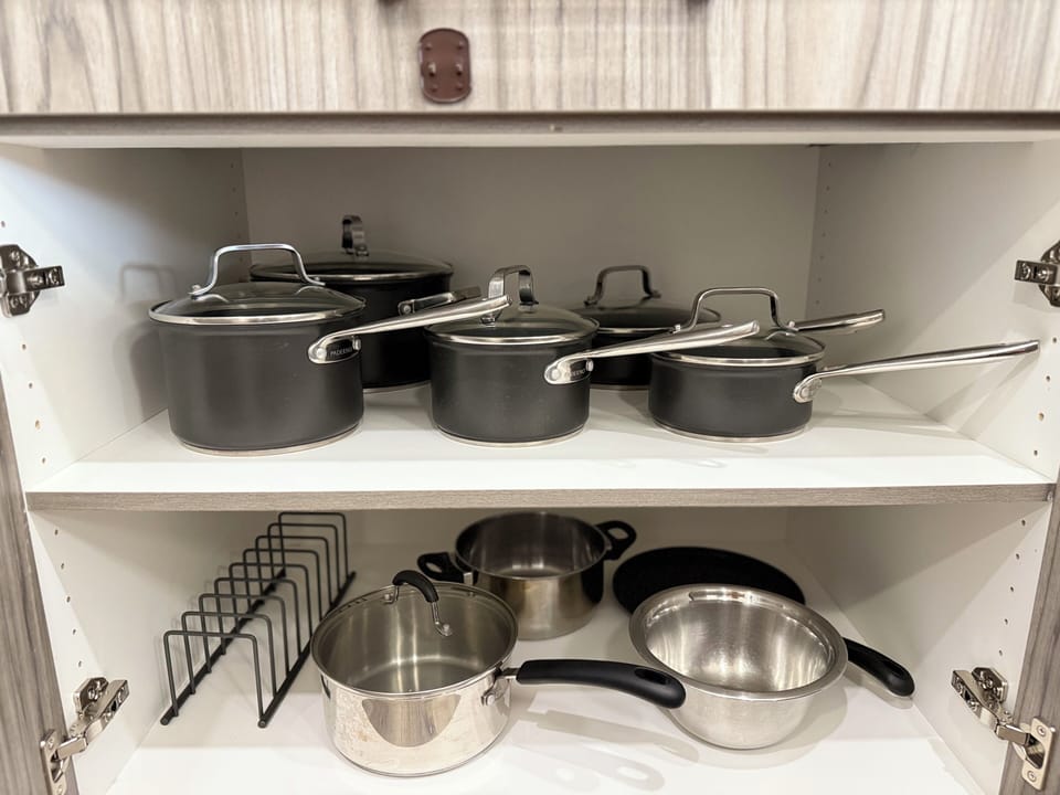 A variety of pots, pans, and cooking essentials are provided for all kinds of meals.