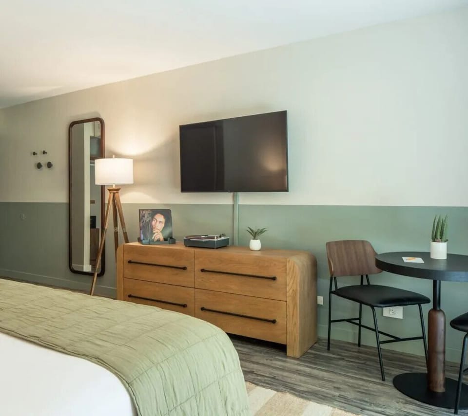 Settle in with a dedicated workspace and plush bedding.