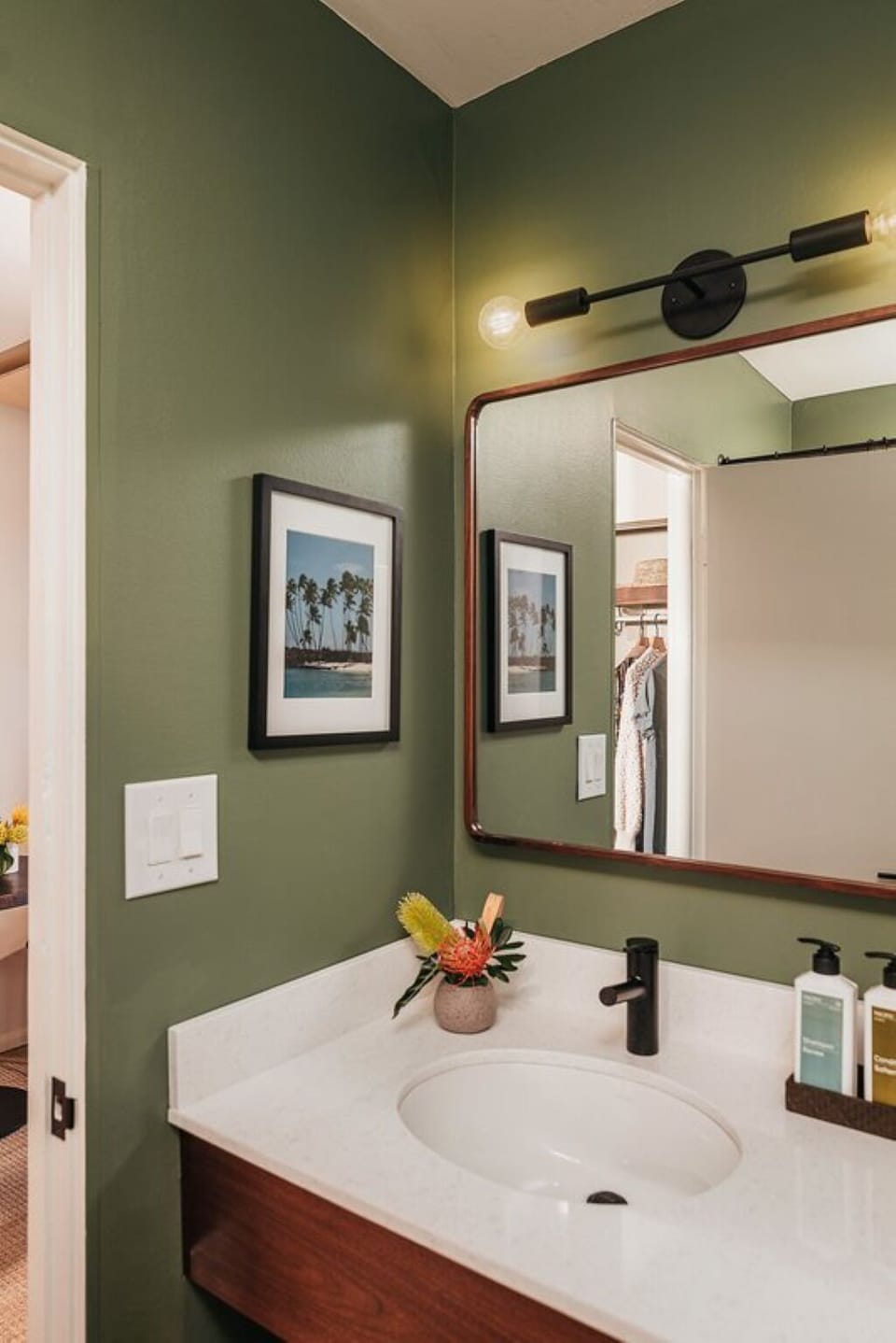 Drift off under crisp linens and warm bedside lighting.