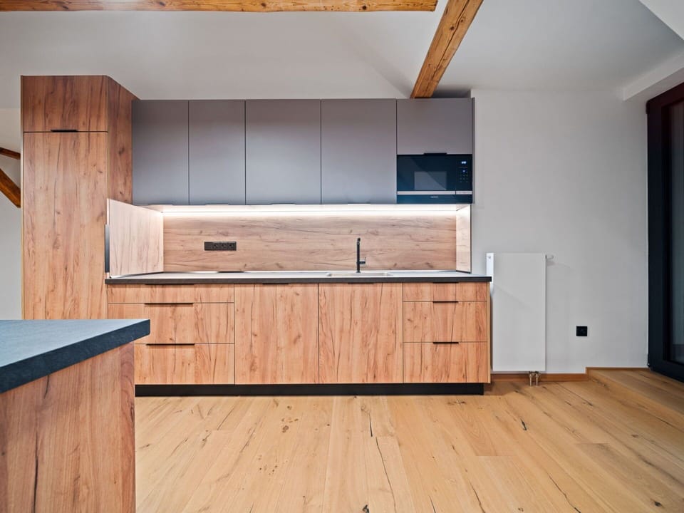 Flooring, Wood, Interior Design, Floor, Wood Flooring, Furniture, Cabinetry, Countertop, Kitchen, Wood Stain