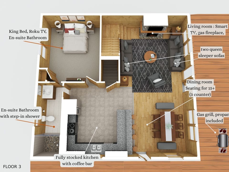 Lazy Bear's Main floor, king master suite with step in shower, kitchen, living room and dining room with gas fireplace and large screen TV. Grill outside on this level.