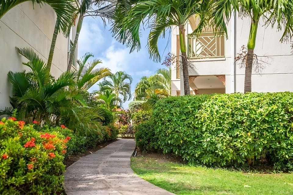 Wander shady garden paths surrounded by vibrant island landscaping.