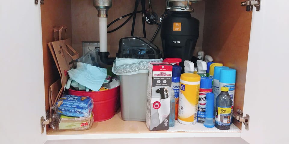 Fully stocked kitchen with cleaning supplies