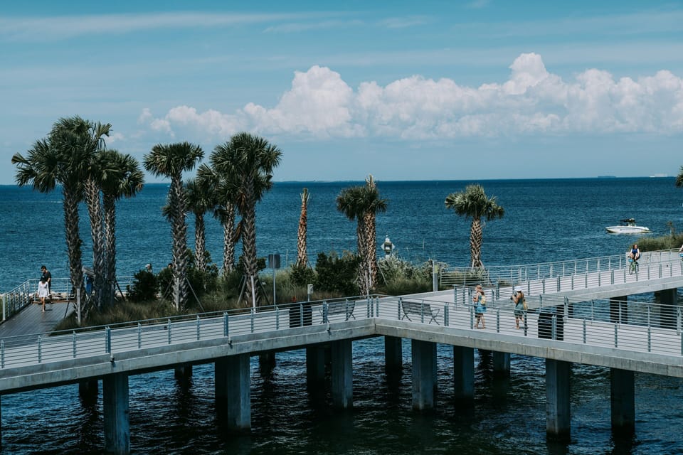 Visitors enjoying a scenic waterfront pier lined with palm trees in St. Petersburg