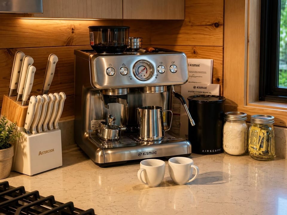 Stainless steel espresso machine with dual spouts, cream and sugar jars, and a full knife block on quartz countertop.