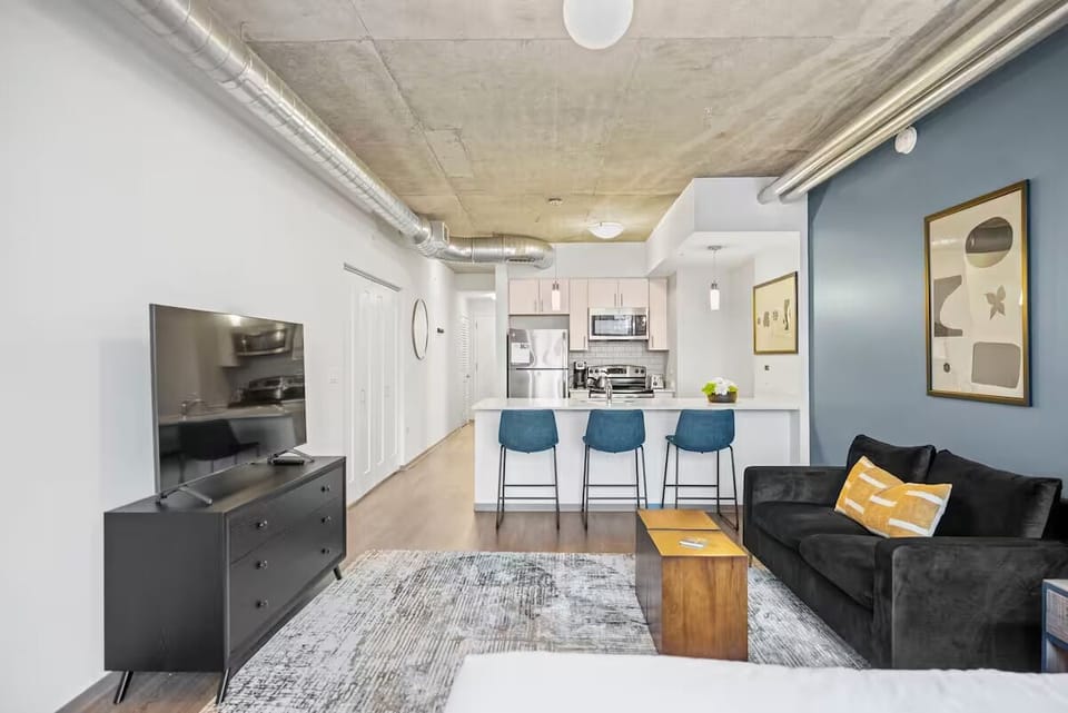 Unwind on the cozy sofa after a day downtown.
