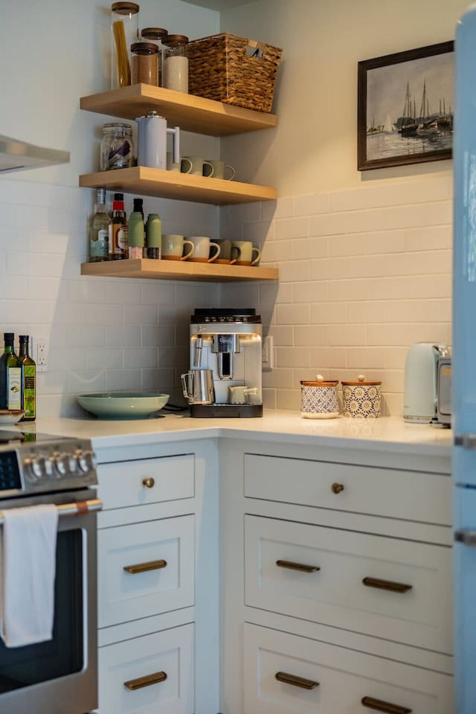 Barista-worthy coffee setup with espresso machine and gourmet kitchen extras