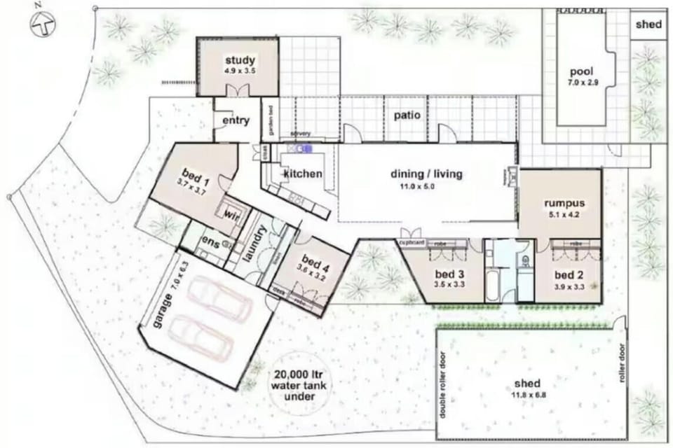 Banksia House Mansfield – Floor plan layout of Banksia House showing bedrooms, living areas, outdoor spaces, and overall property configuration.