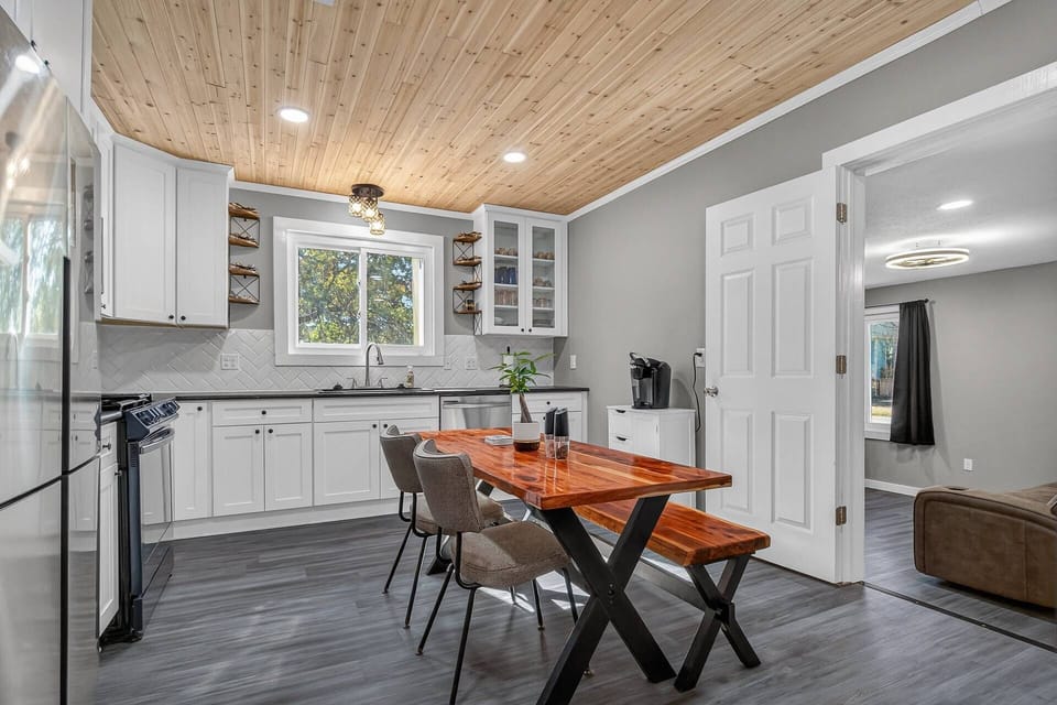 The custom dining table is perfect for family meals or game night