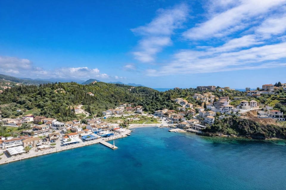 Syvota town view with vibrant colors and crystal-clear waters, perfect for exploring the seaside, local dining, and relaxing by the shore