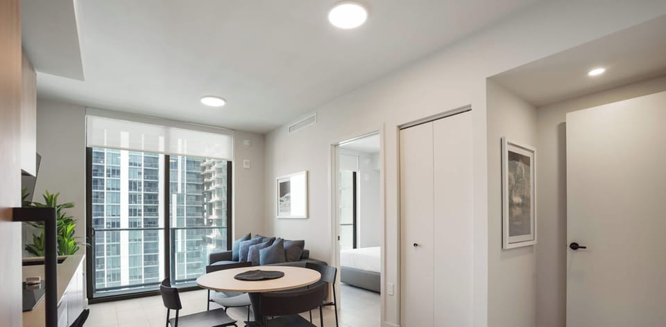 Bright open-plan area with city views
