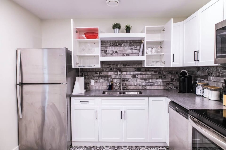 Photo of the kitchen with stocked cupboards