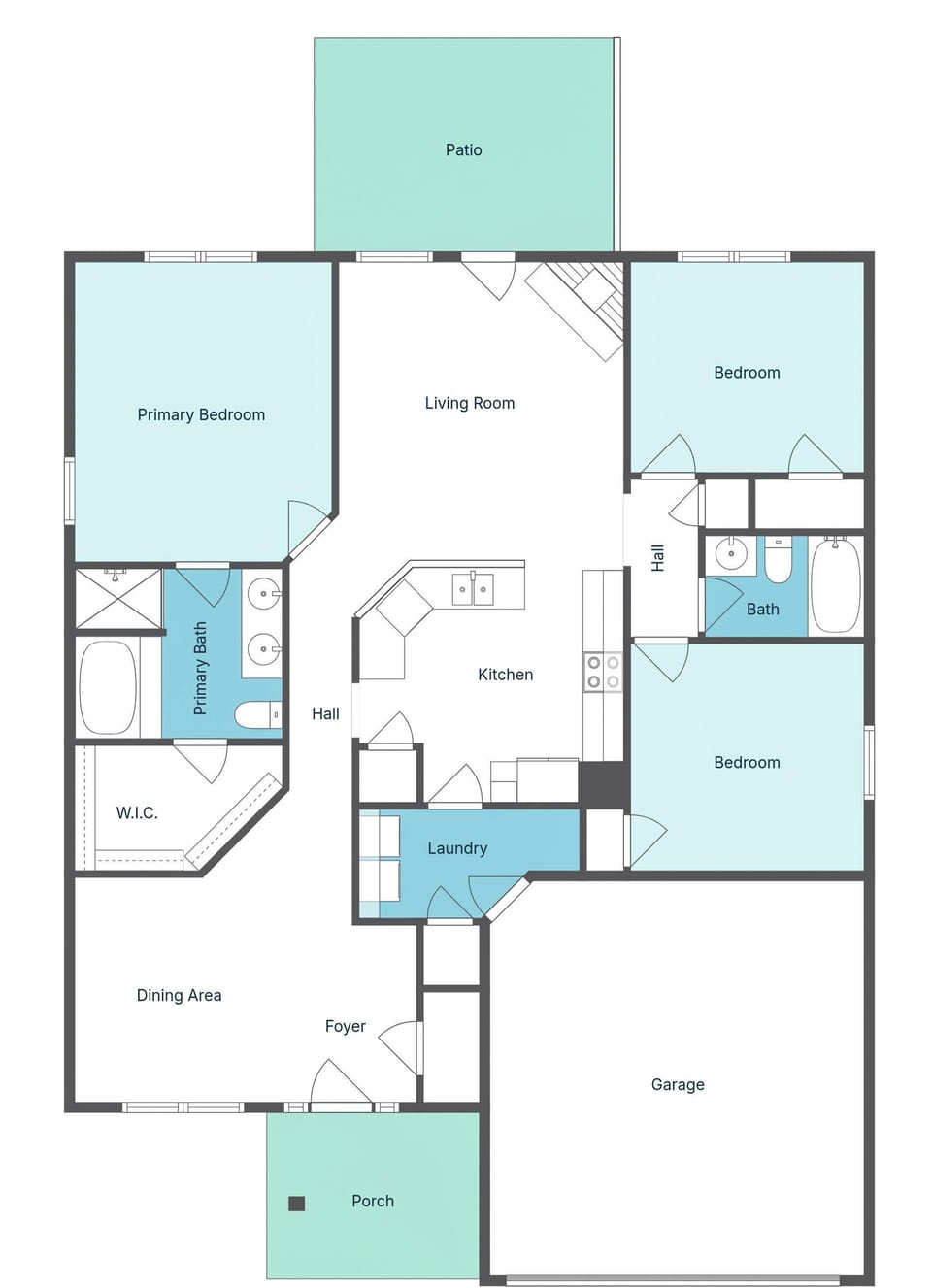 Detailed floor plan showcasing your spacious layout with three bedrooms, two baths, full kitchen, and private patio for outdoor relaxation.