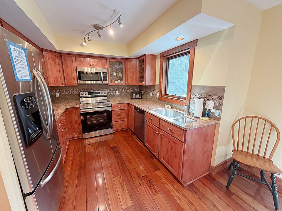 Kitchen with new appliances and view to hot tub.