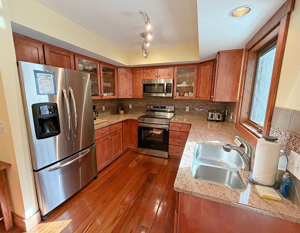 Kitchen with new appliances and view to hot tub.