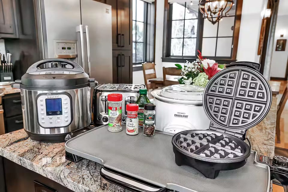 Instant Pot, Crock-Pot, griddle, toaster, waffle maker, oils, spices.