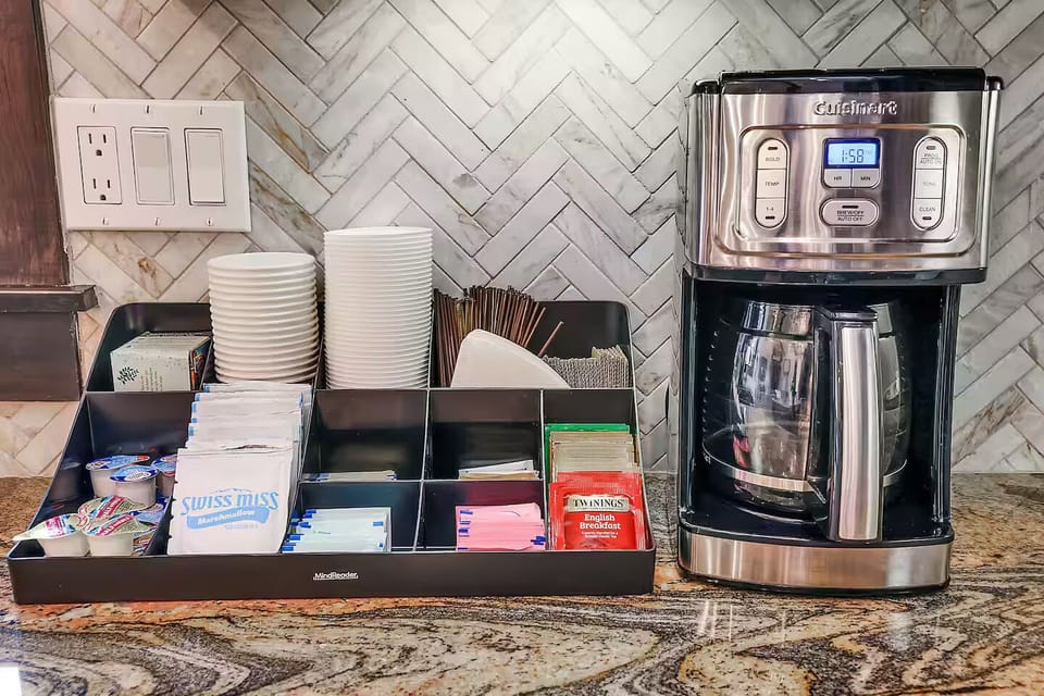 Coffee, tea, and cocoa are stocked to make your first morning easy.