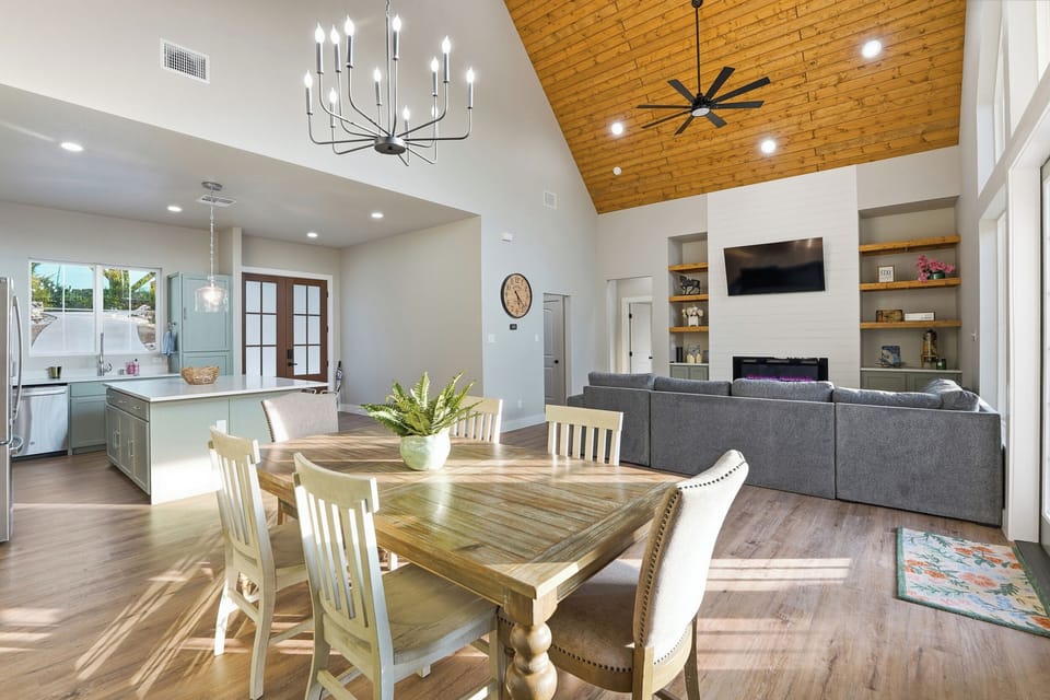 Open-plan dining and living areas create natural gathering space for family and friends.