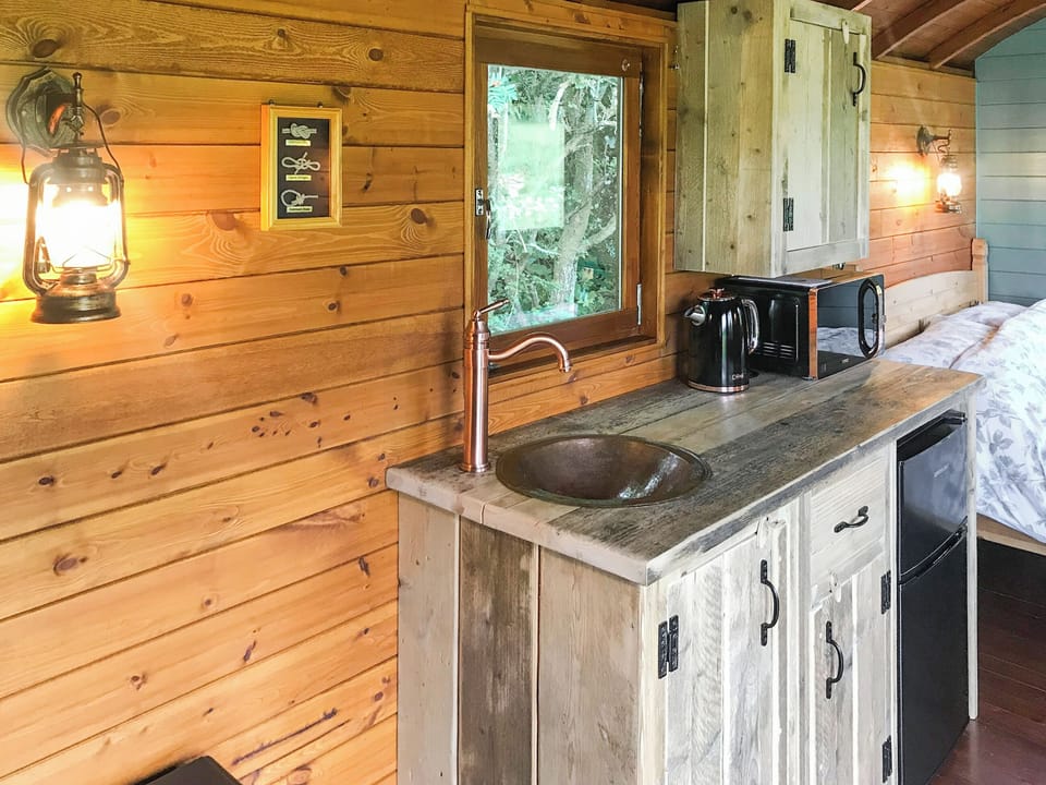 Kitchen area | Misty Shepherds Hut - Wild Meadow Camping, Plwmp