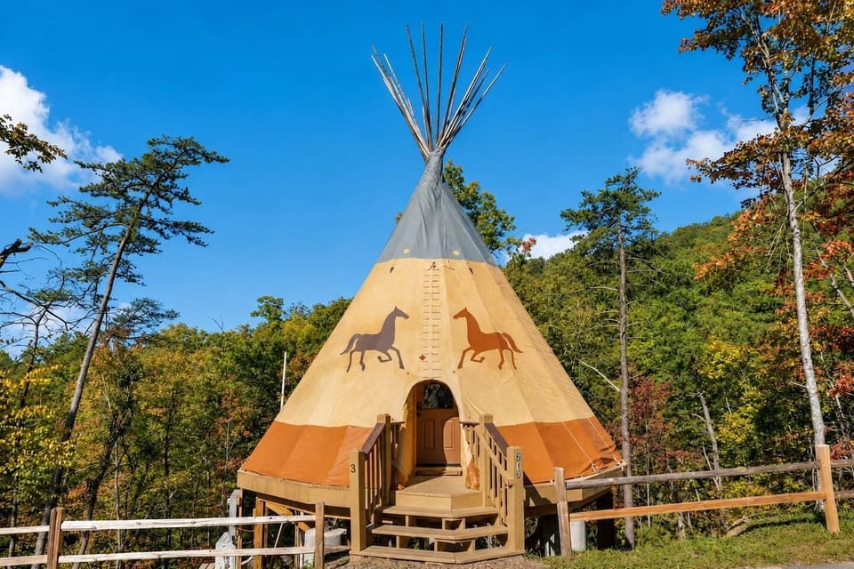 Beautiful sunset view of the luxury teepee exterior.