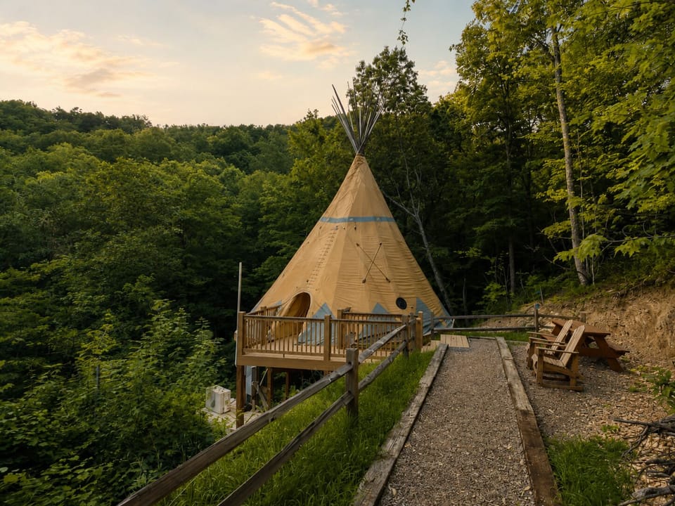 Beautiful daytime perspective of the unique teepee nestled in a lush forest 