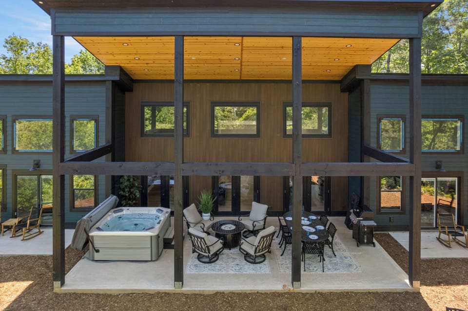 Back Patio Aerial - plenty of space for dining, lounging, or bathing outside,