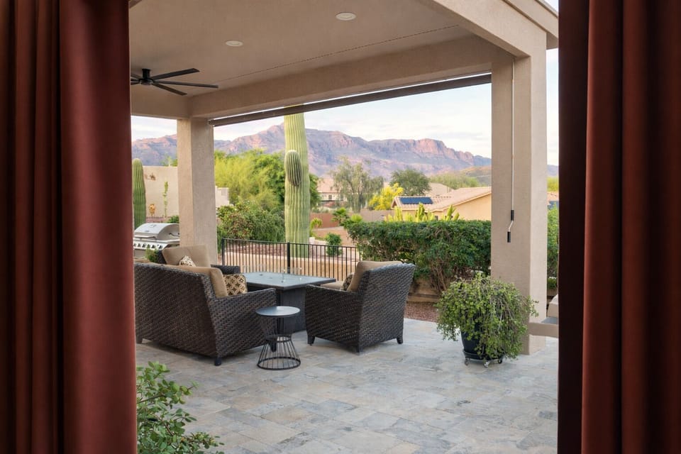 View of patio and mountains from King Suite 