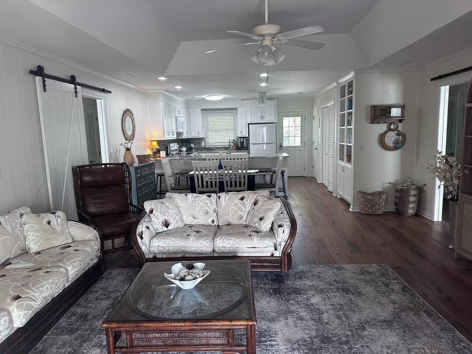 Living area, dining area and kitchen.  There are 2 bedrooms and a hallway bathroom on each side of this great room.