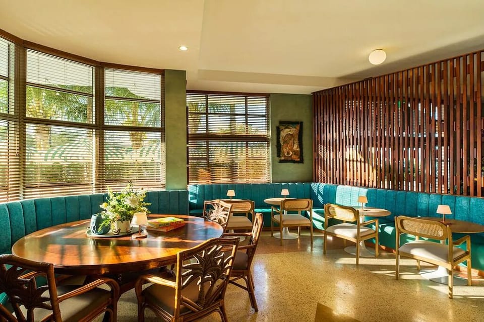 Stretch out in the cozy lounge with colorful local art