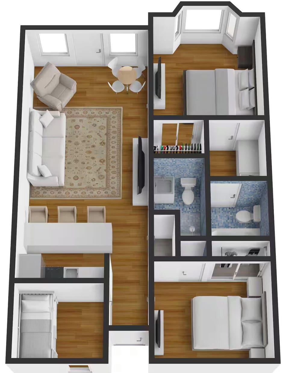 Spacious 2BR layout with open living area, breakfast bar, and 2 baths