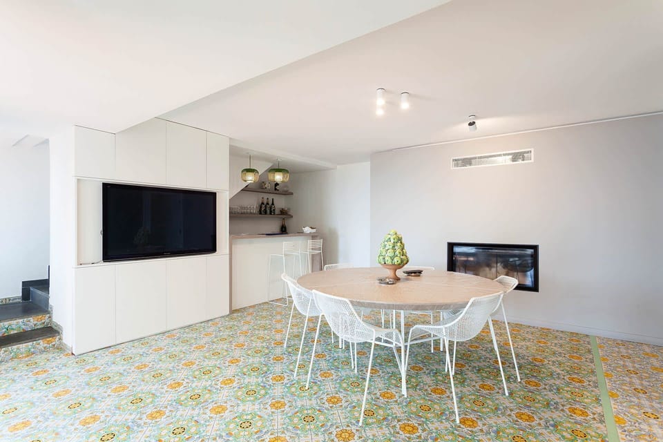 Flooring, Floor, Interior Design, Ceiling, Tile, Natural Material, Wood Stain, Mosaic, Light Fixture