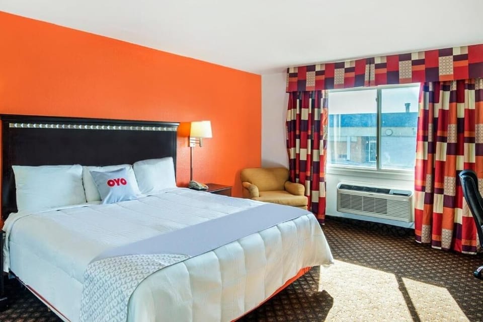 Unwind in a sunlit room with plush bed comfort.