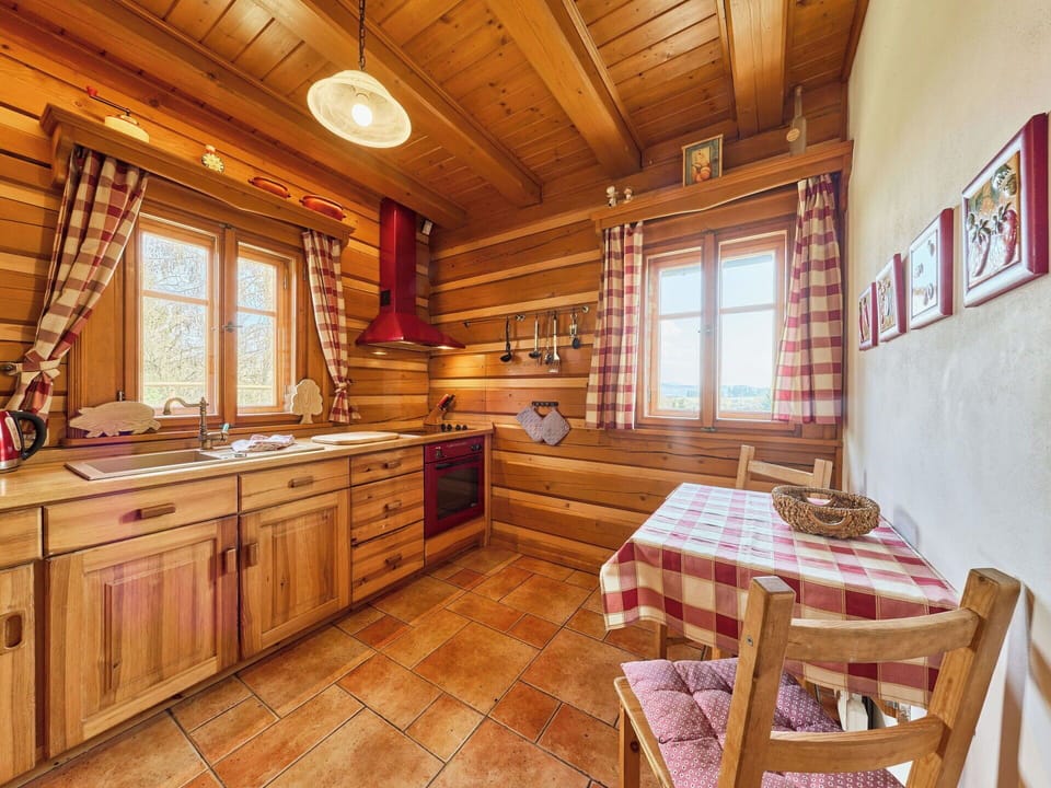 Wood, Interior Design, Kitchen, Wood Stain, Cottage, Hardwood, Log Cabin, Wood Flooring, Cabinetry, Varnish