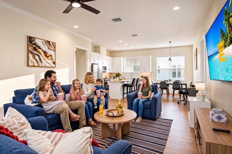 Movie night without anyone leaving the room, sofas, armchair, and a wall-mounted smart TV.